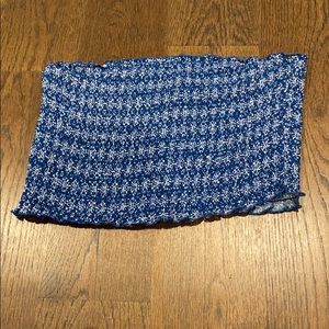 blue and white patterned tube top